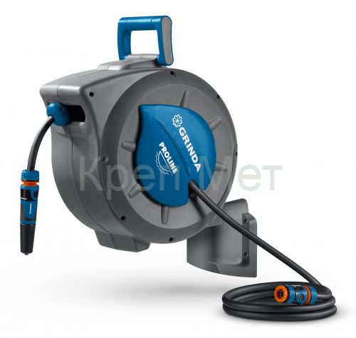 GRINDA HRA-20, шланг 20м x 1/2″, на поворотном кронштейне настенная, поливочный набор 4 предмета, катушка автоматическая со шлангом ProLine (428470)