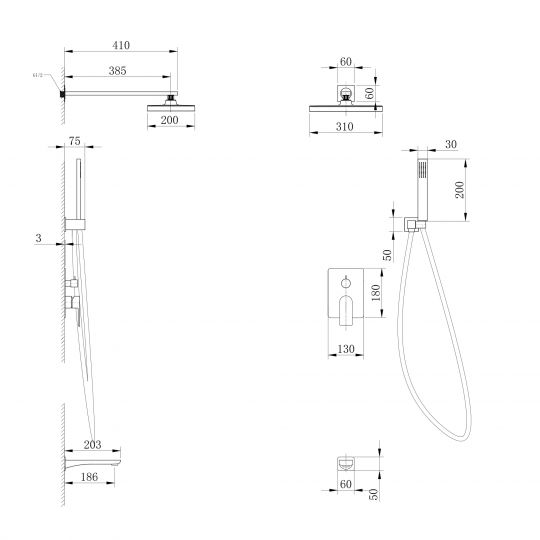 Душевая система ABBER Weiss Insel AF8017FW скрытого монтажа с изливом, белый матовый схема 2