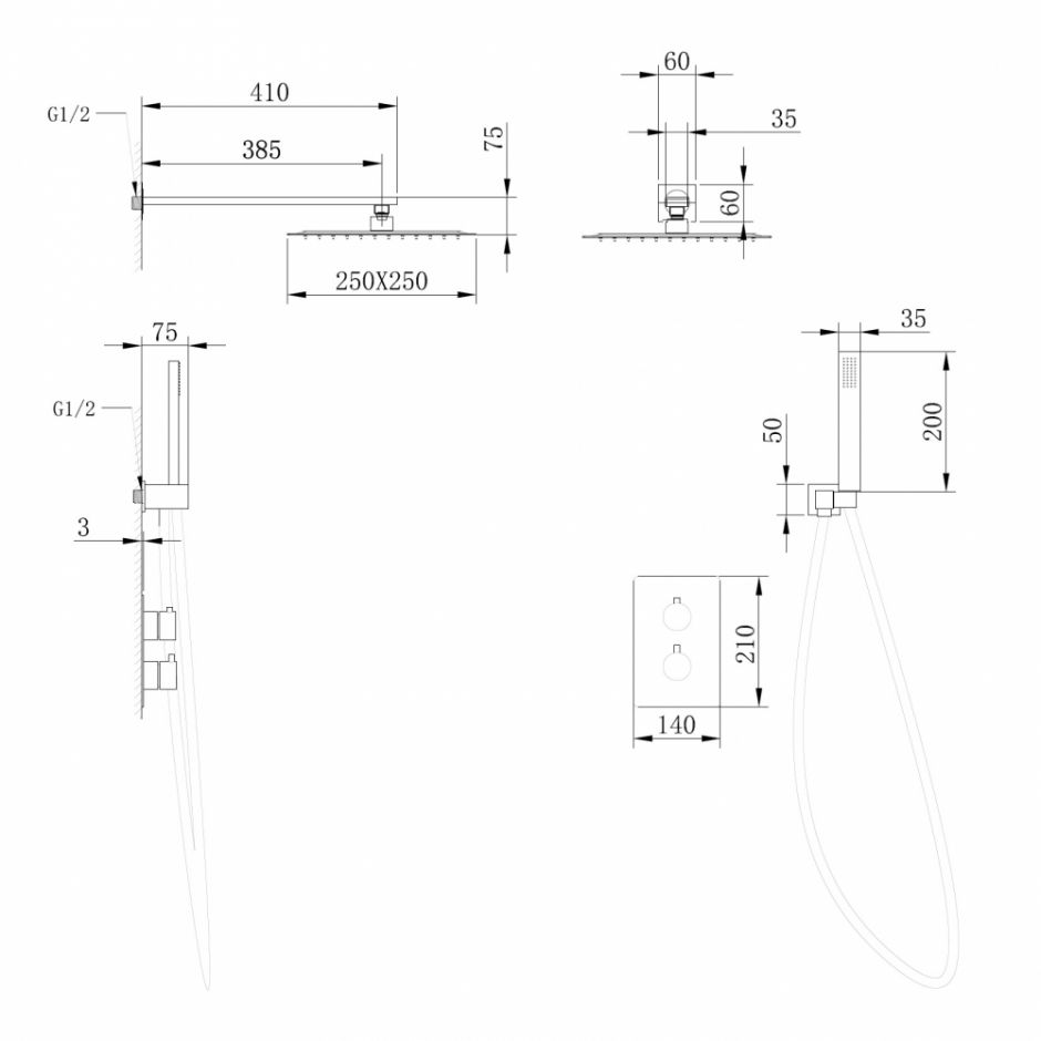Душевая система ABBER Weiss Insel AF8051 скрытого монтажа без излива, термостат, хром ФОТО