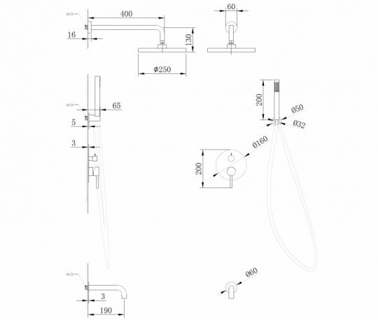 Душевая система ABBER Wasser Kreis AF8117G скрытого монтажа с изливом, золото матовое схема 2