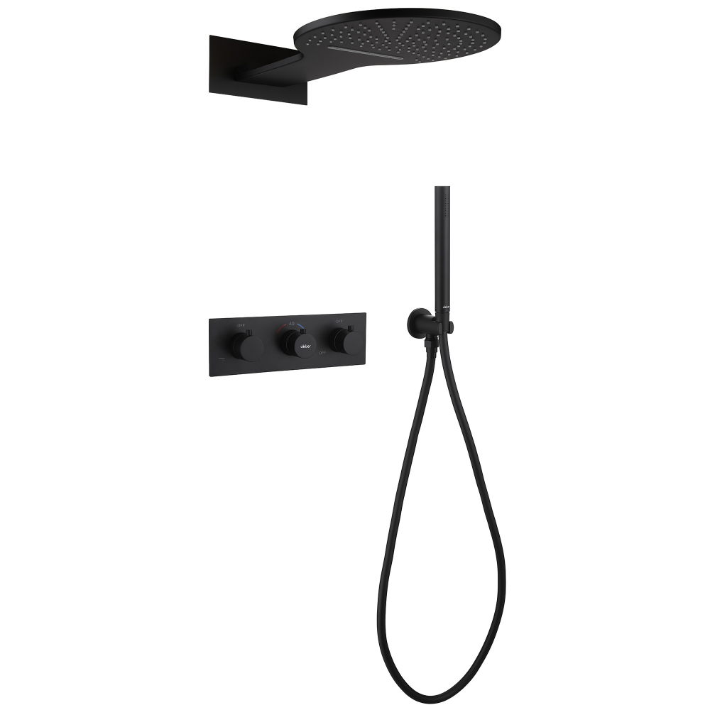 Душевая система ABBER Wasser Kreis AF8151B скрытого монтажа без излива, термостат, черный матовый цена от 83 200 ₽ Фото Душевая система ABBER Wasser Kreis AF8151B скрытого монтажа без излива, термостат, черный матовый