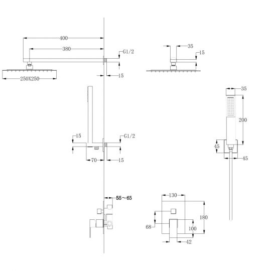 Душевая система ABBER Daheim AF8219G скрытого монтажа без излива, золото матовое схема 2