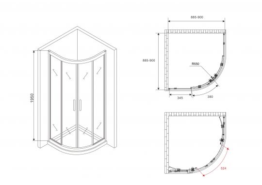 Душевой уголок ABBER Schwarzer Diamant AG01090 90х90 см схема 2