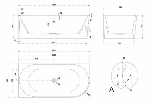 Ванна из искусственного камня ABBER Stein AS9651 L белая матовая схема 2 Ванна из искусственного камня ABBER Stein AS9651 L белая матовая схема 2