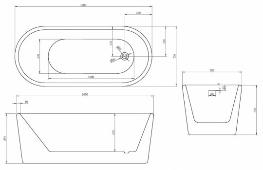 Акриловая ванна ABBER AB9272-1.6 белая схема 2 Акриловая ванна ABBER AB9272-1.6 белая схема 2