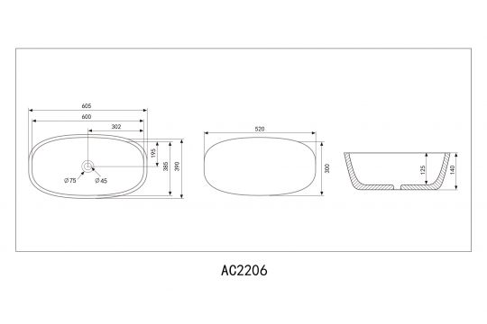 Раковина накладная ABBER Rechteck AC2206MW белая матовая схема 2
