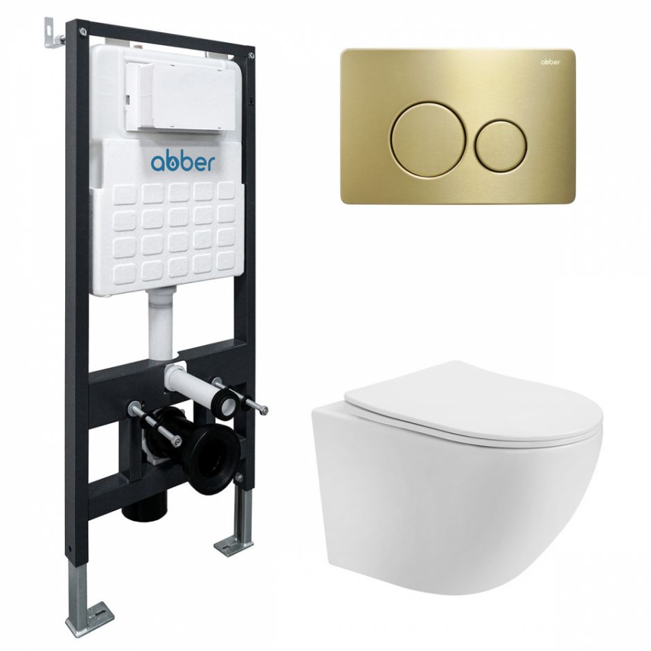 Изображение Комплект подвесной унитаз ABBER Bequem AC1100T белый с инсталляцией AC0105 и кнопкой AC0121MMG золото матовое