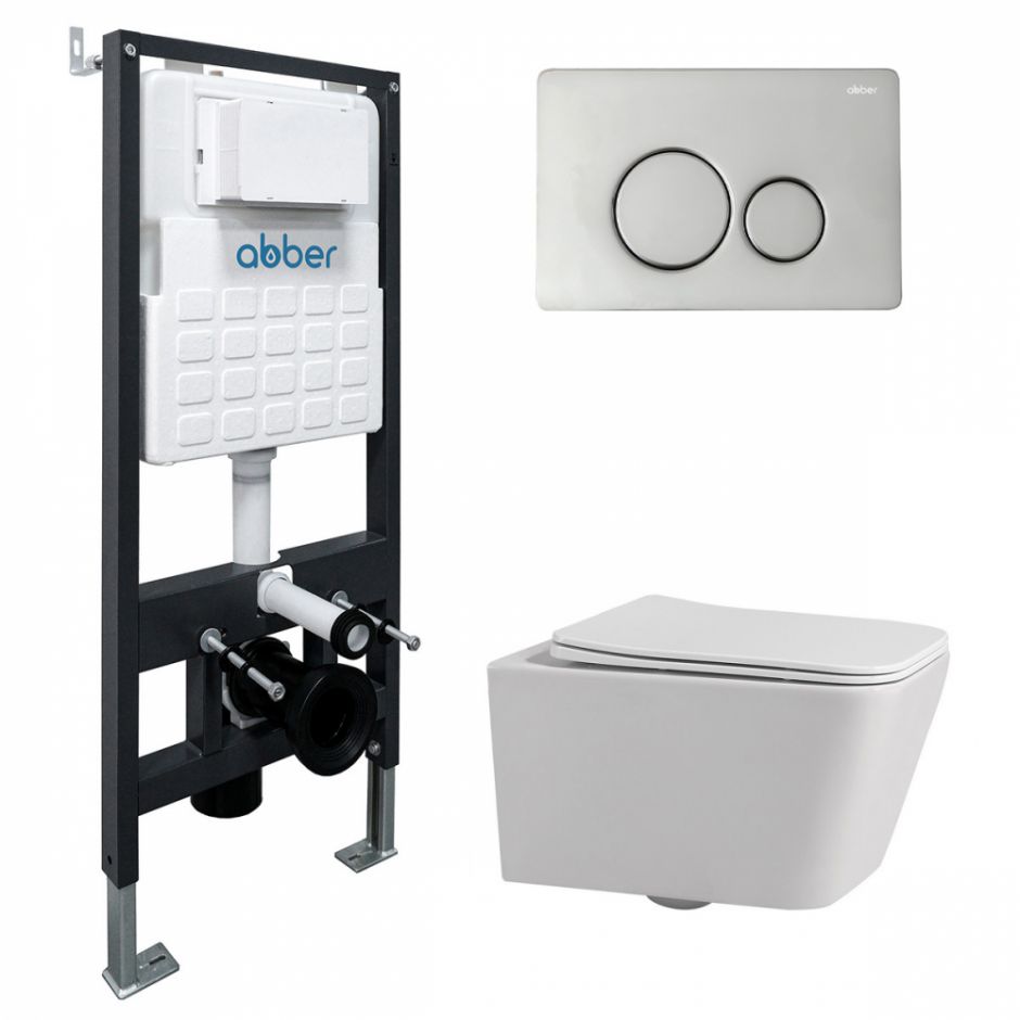 Изображение Комплект подвесной унитаз ABBER Rechteck AC1201 белый с инсталляцией AC0105 и кнопкой AC0121 хром