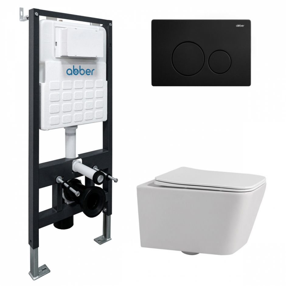 Изображение Комплект подвесной унитаз ABBER Rechteck AC1201 белый с инсталляцией AC0105 и кнопкой AC0121MB черный матовый