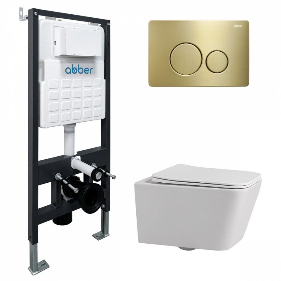 Изображение Комплект подвесной унитаз ABBER Rechteck AC1201 белый с инсталляцией AC0105 и кнопкой AC0121MMG золото матовое