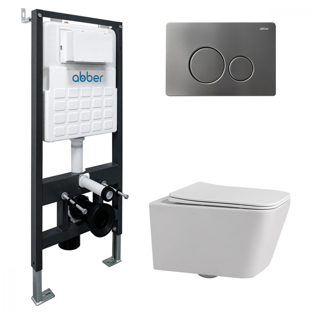Комплект подвесной унитаз ABBER Rechteck AC1201 белый с инсталляцией AC0105 и кнопкой AC0121NG никель цена от 34 808 ₽ Фото Комплект подвесной унитаз ABBER Rechteck AC1201 белый с инсталляцией AC0105 и кнопкой AC0121NG никель