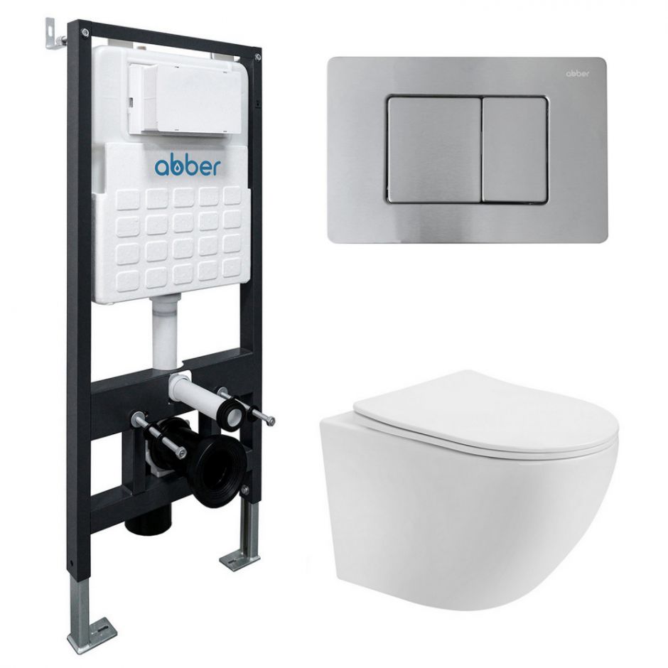 Комплект подвесной унитаз ABBER Bequem AC1100T белый с инсталляцией AC0105 и кнопкой AC0120MCH матовый хром