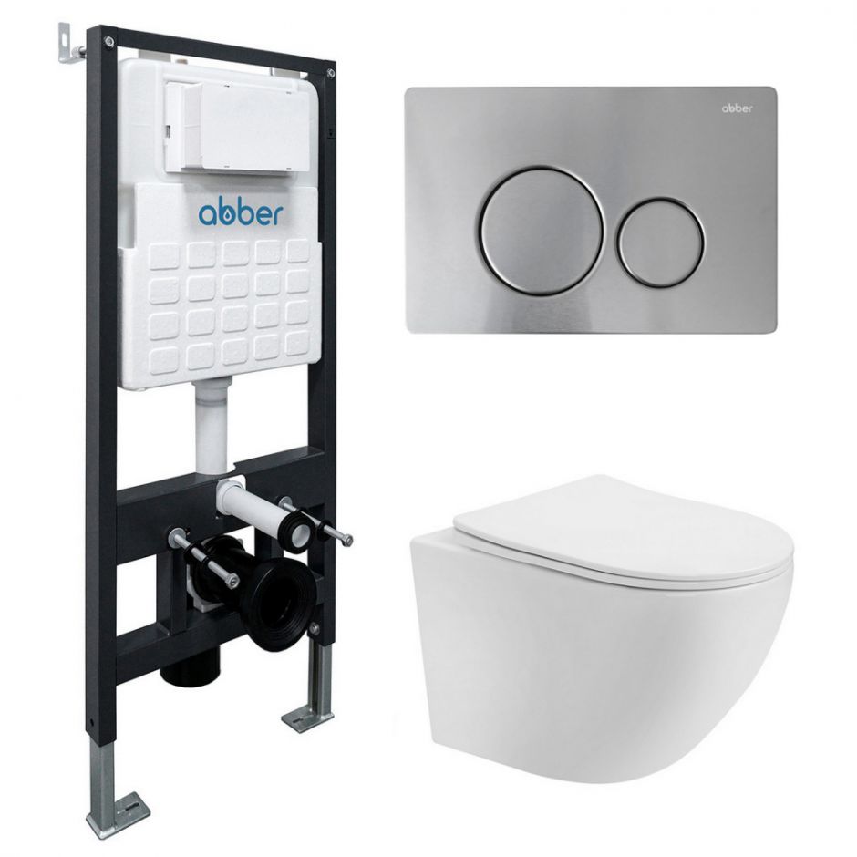 Изображение Комплект подвесной унитаз ABBER Bequem AC1100T белый с инсталляцией AC0105 и кнопкой AC0121MCH матовый хром