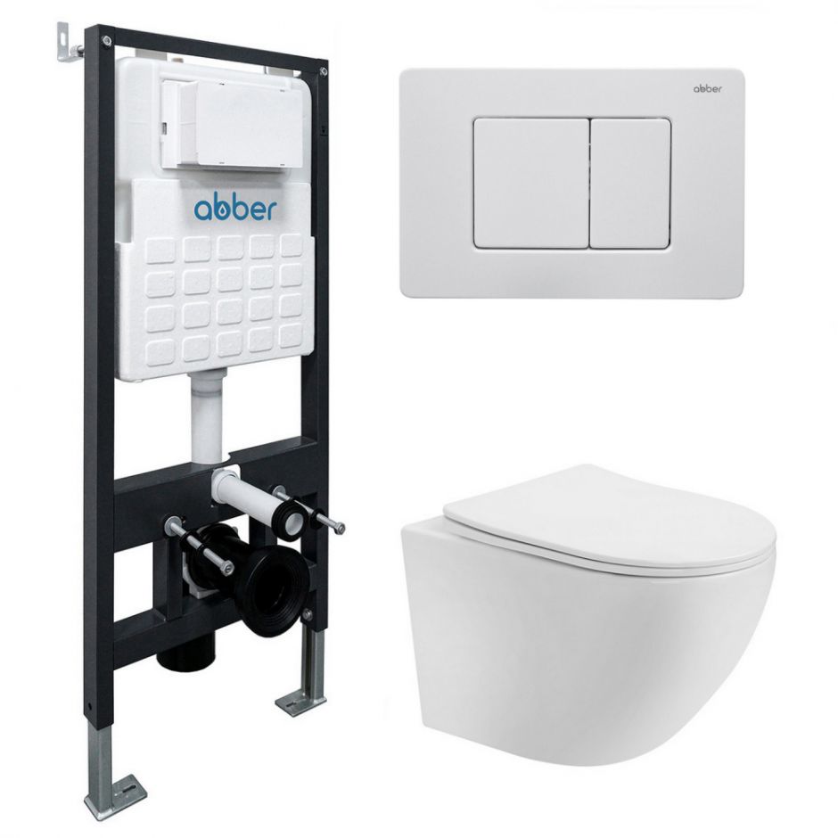 Изображение Комплект подвесной унитаз ABBER Bequem AC1100T белый с инсталляцией AC0105 и кнопкой AC0120MW белая матовая