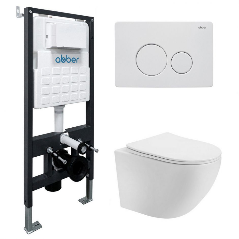 Комплект подвесной унитаз ABBER Bequem AC1100T белый с инсталляцией AC0105 и кнопкой AC0121MW белая матовая