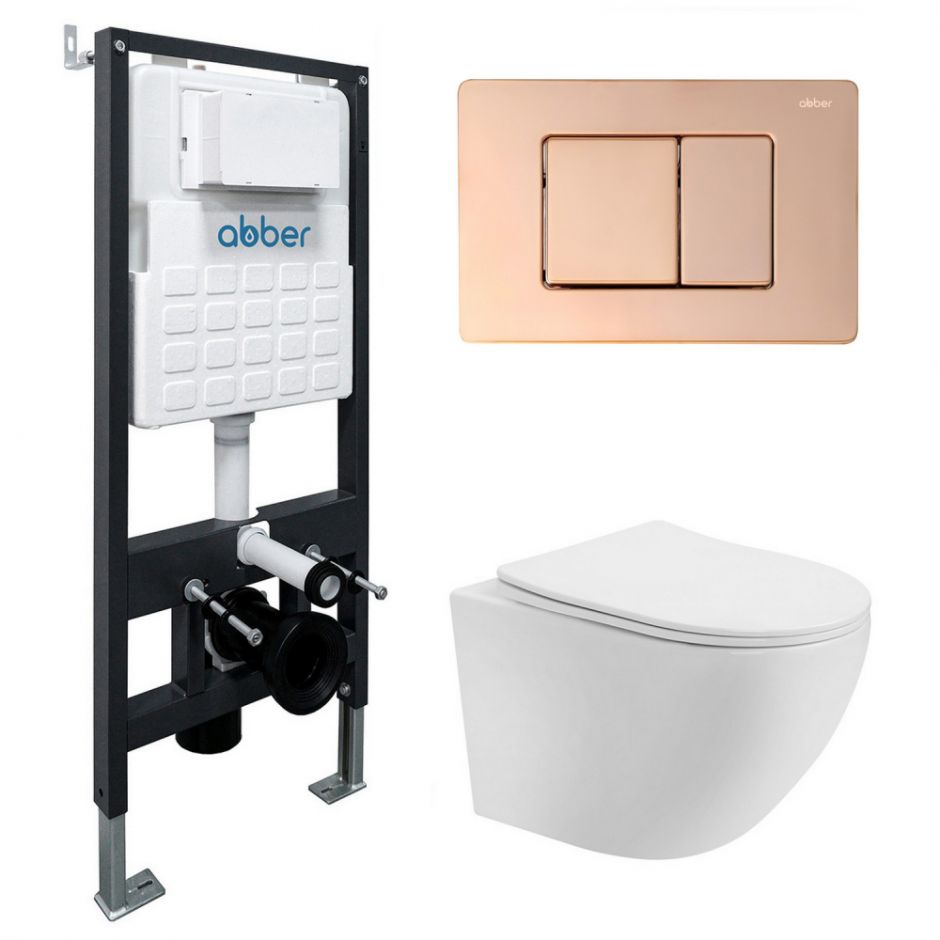 Изображение Комплект подвесной унитаз ABBER Bequem AC1100T белый с инсталляцией AC0105 и кнопкой AC0120RG золото розовое