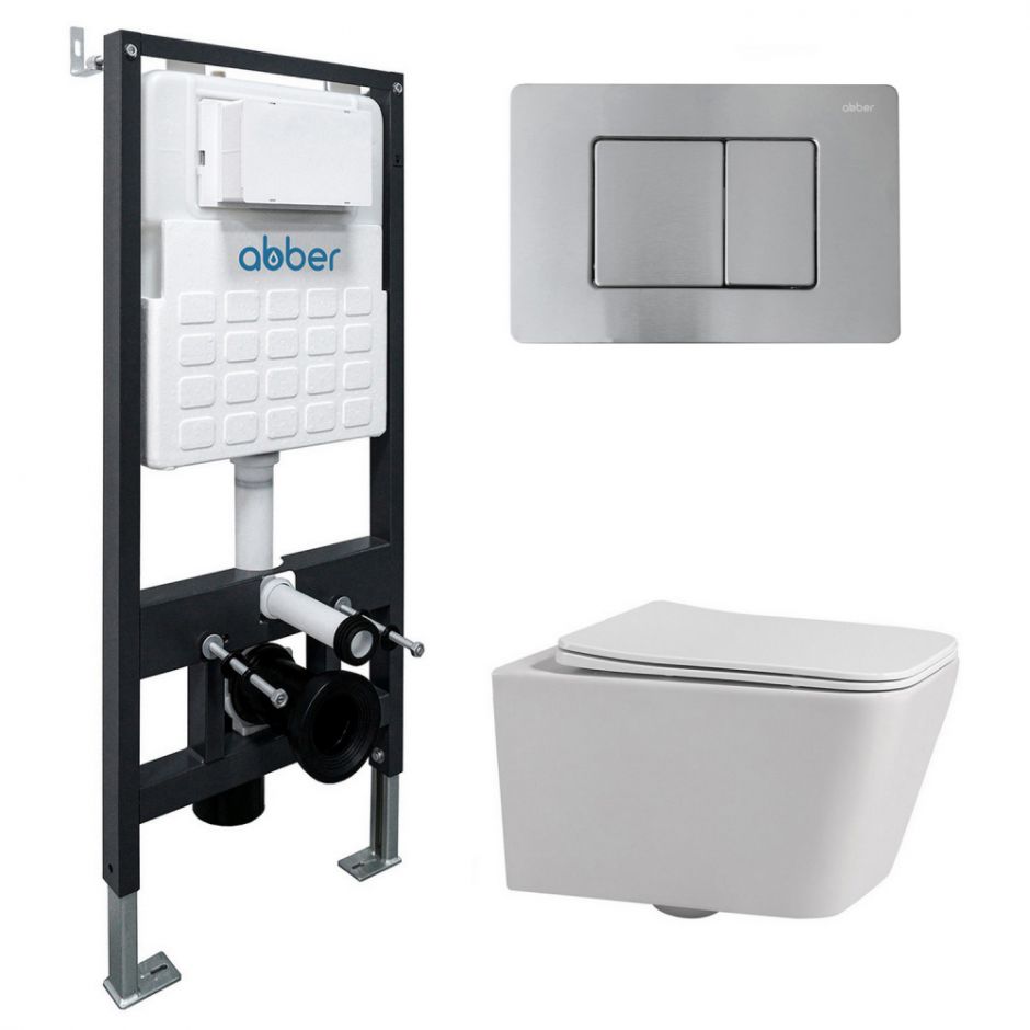 Комплект подвесной унитаз ABBER Rechteck AC1201 белый с инсталляцией AC0105 и кнопкой AC0120MCH матовый хром