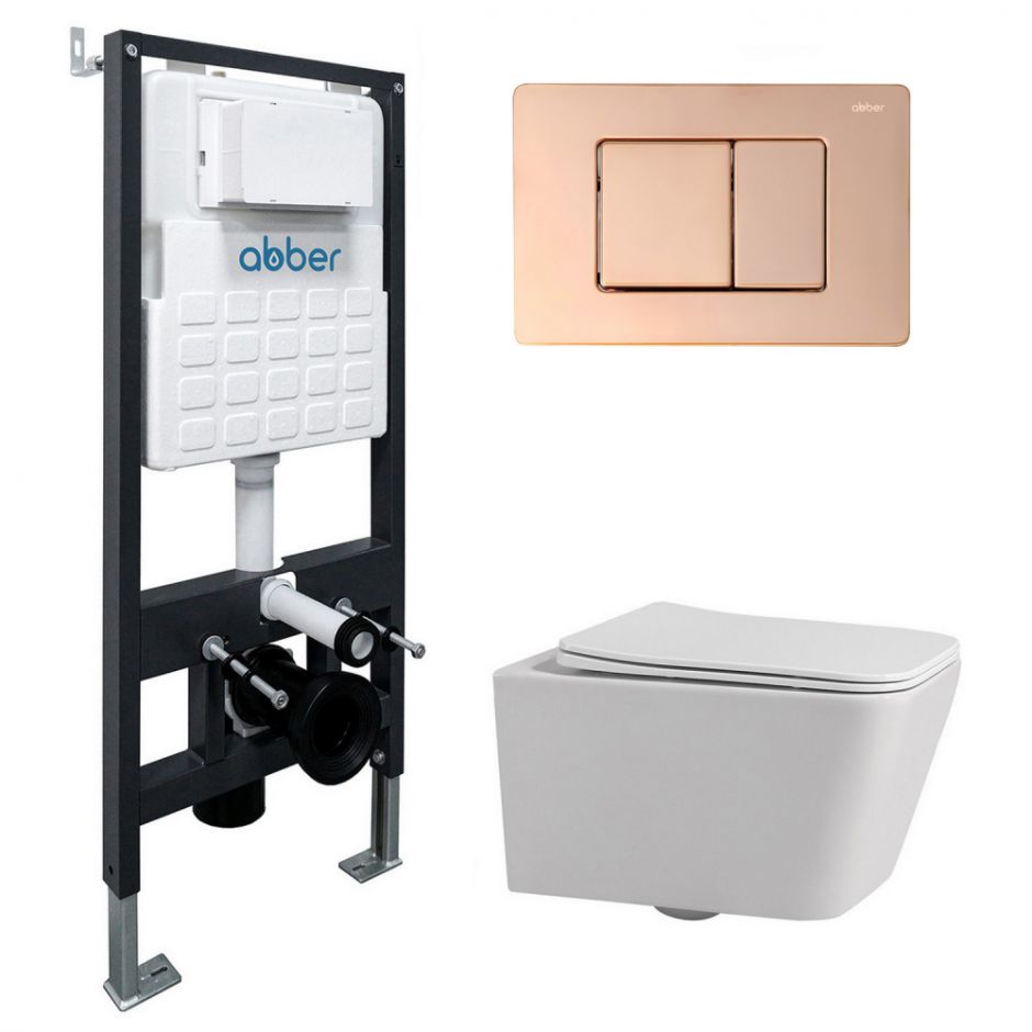 Изображение Комплект подвесной унитаз ABBER Rechteck AC1201 белый с инсталляцией AC0105 и кнопкой AC0120RG золото розовое