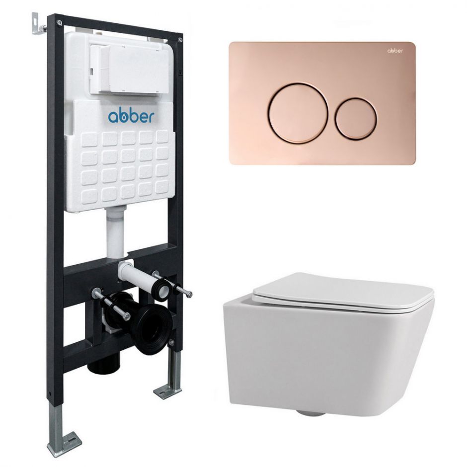 Изображение Комплект подвесной унитаз ABBER Rechteck AC1201 белый с инсталляцией AC0105 и кнопкой AC0121RG золото розовое