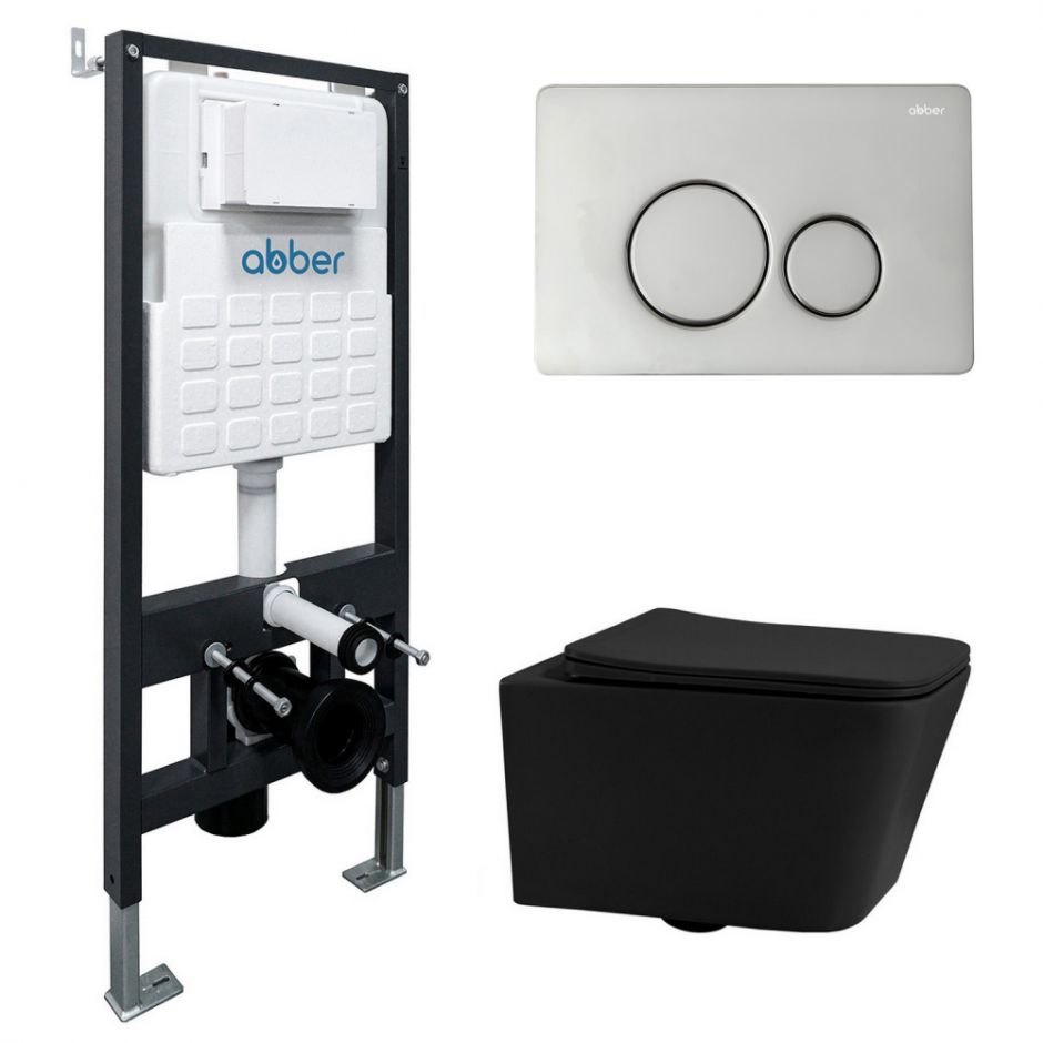 Комплект подвесной унитаз ABBER Rechteck AC1201MB черный матовый с инсталляцией AC0105 и кнопкой AC0121 хром
