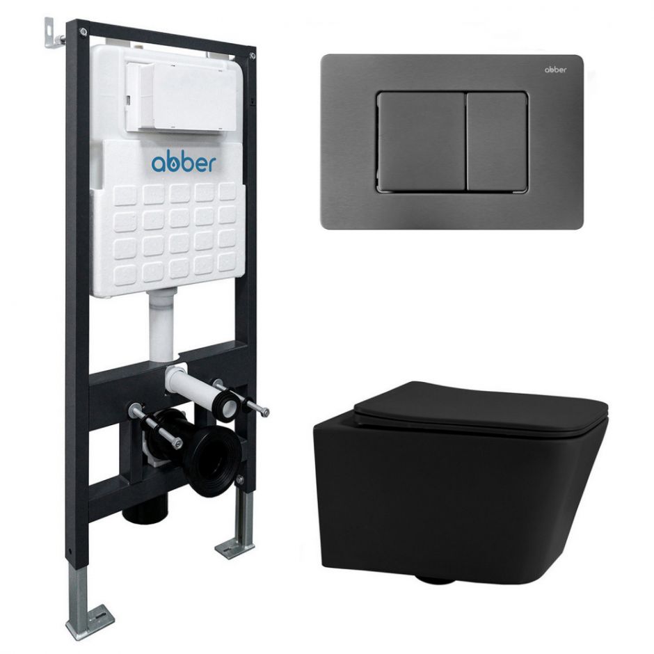 Изображение Комплект подвесной унитаз ABBER Rechteck AC1201MB черный матовый с инсталляцией AC0105 и кнопкой AC0120NG никель