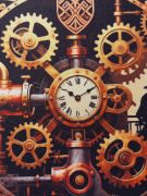 Коврик с принтом - в центре часы. Вокруг них кипит работа: массивные шестеренки, латунные трубы и клапаны.
