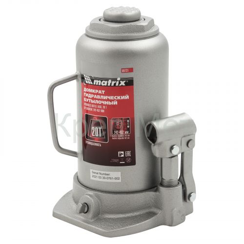 Домкрат гидравлический бутылочный, 20 т, высота подъема 242-452 мм Matrix