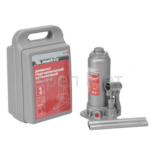 Домкрат гидравлический бутылочный, 3 т, высота подъема 194-372 мм, в пластиковый кейсе Matrix