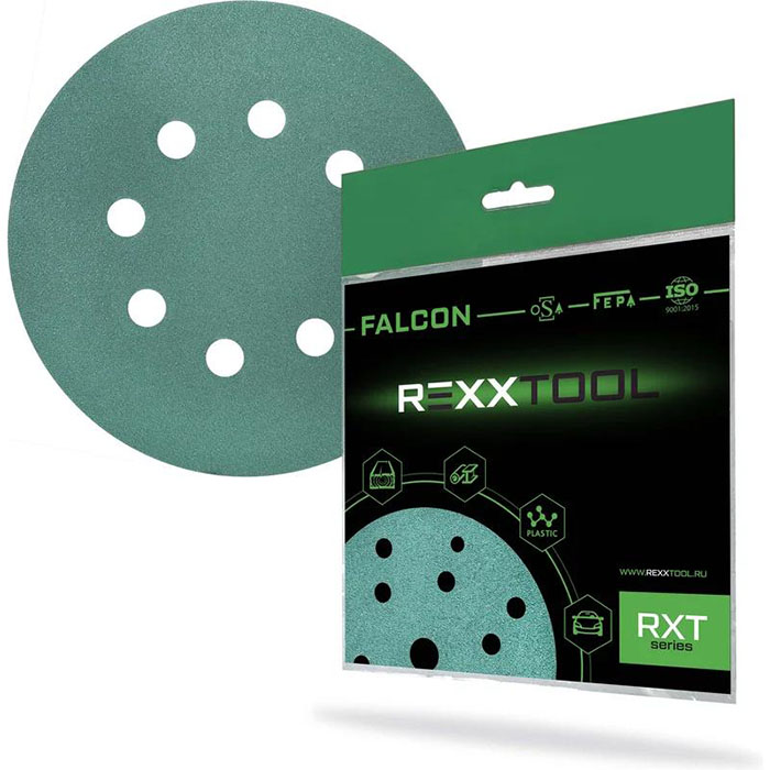 REXXTOOL FALCON P120 Шлифовальный круг абразивный на липучке, диаметр 125мм, 8 отв., в упаковке 10 шт.