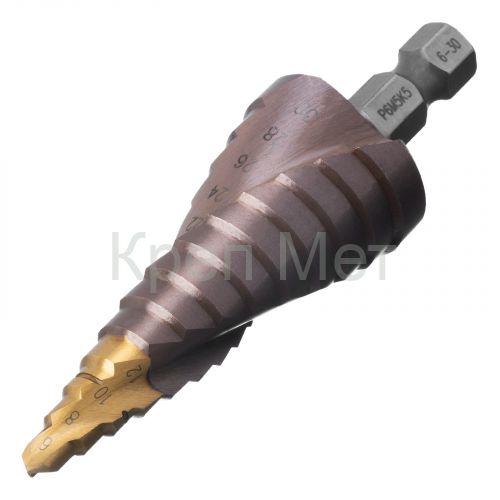 Сверло ступенчатое, 6-8-10-12-14-16-18-20-22-24-26-28-30мм, Р6М5К5, 6-гр. хвостовик Denzel
