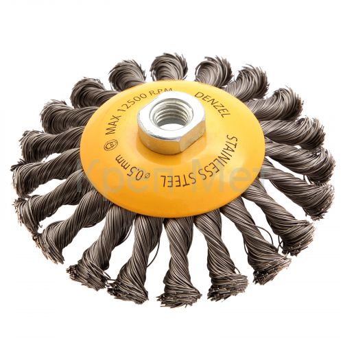 Щетка для УШМ, 125 мм, "Тарелка", крученая нержавеющая проволока 0.5 мм, М14 Denzel