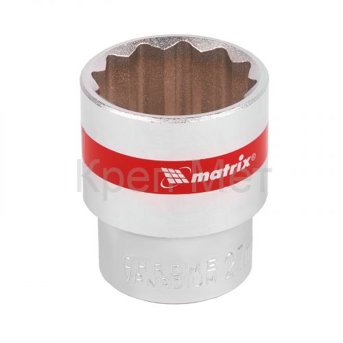 Головка торцевая, 27 мм, двенадцатигранная, CrV, под квадрат 1/2, хромированная Matrix