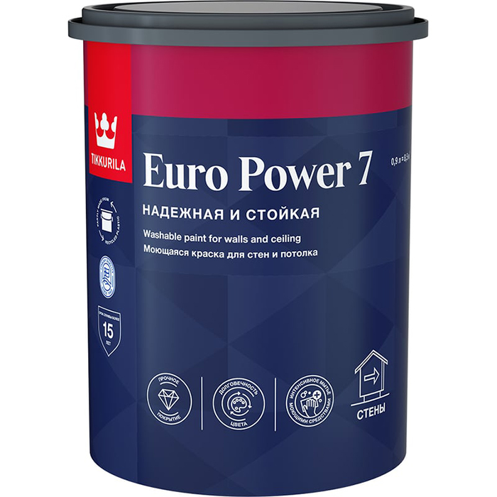Tikkurila Euro Power 7 краска моющаяся для стен и потолка матовая база C 0.9л