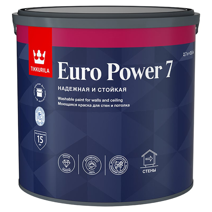 Tikkurila Euro Power 7 краска моющаяся для стен и потолка матовая база C 2.7л