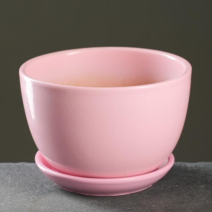 Горшок для цветов «Пудровый», 1.65 л, d=17 см, h=13 см, керамический, с поддоном, розовый