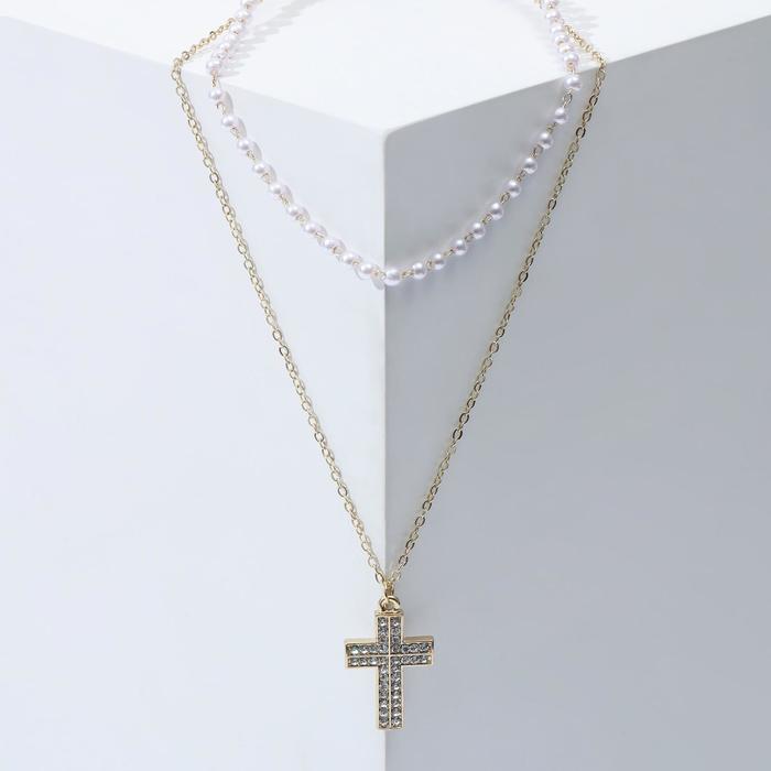 Кулон «Цепь» нить из жемчуга, крест широкий, цвет белый в золоте, L=43