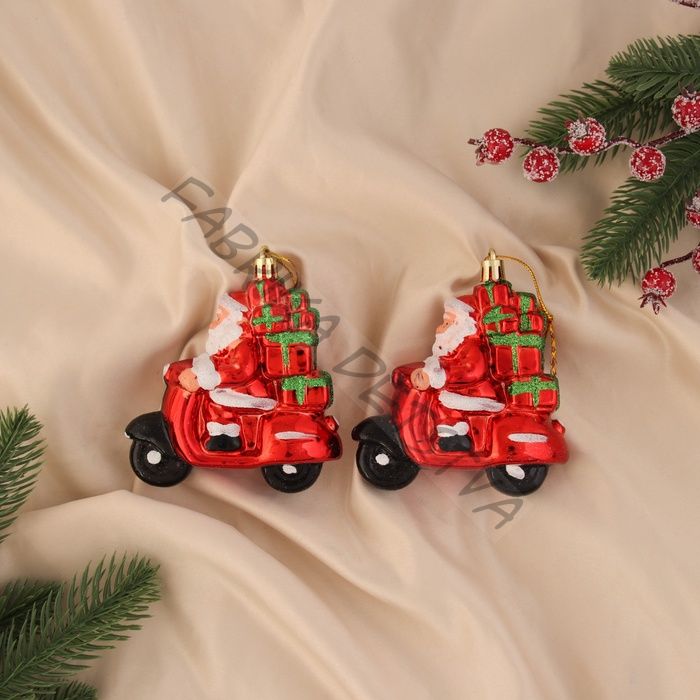 Ёлочные игрушки 2 шт. «Дед Мороз на мотоцикле», 10x9.5 см, красный