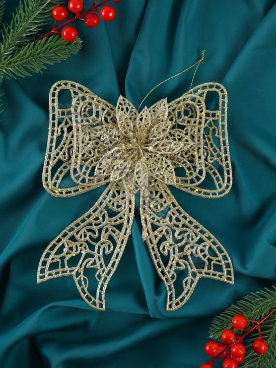 Ёлочная игрушка «Зимнее волшебство. Бант с цветком» пластик, 18x12.5 см, золото