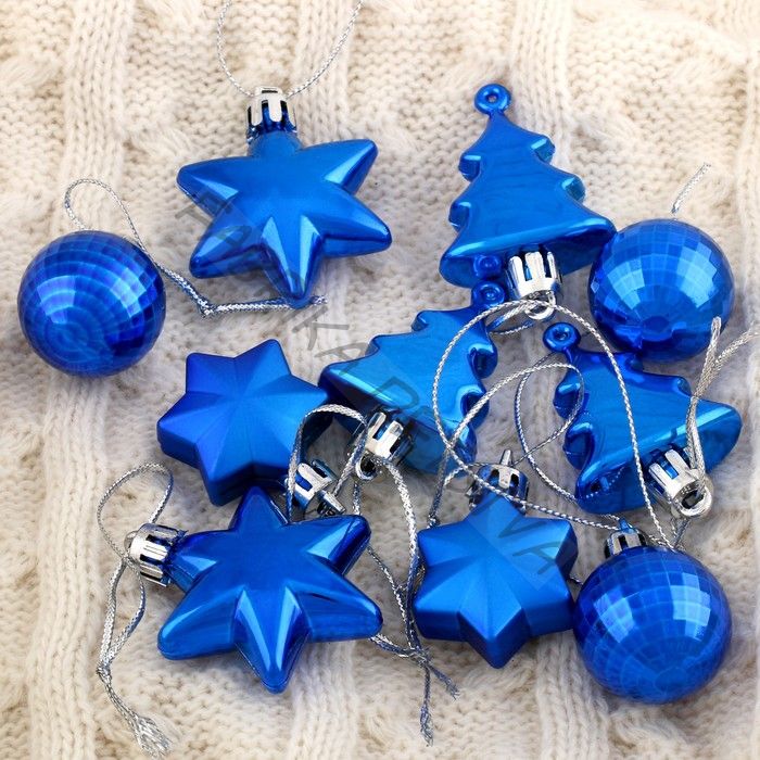 Ёлочные игрушки «Санда», шары новогодние, набор 10 шт., (2 шара,2 конфеты,2 елки, 4 звезды), синий