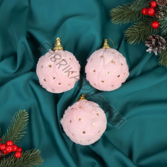 Ёлочные игрушки «Нежность», шары новогодние, d=8 см, набор 3 шт., сердца, розовый