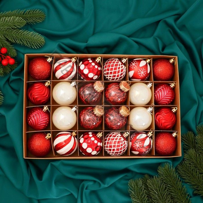 Ёлочные игрушки «Мелодия» ассорти люкс, шары новогодние, d=6 см, набор 24 шт., бело-красный