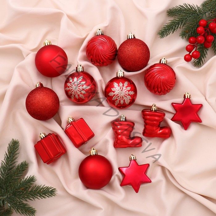 Ёлочные игрушки «Дейзи», шары новогодние, набор 14 шт. (8 шаров, 6 фигурок), красный