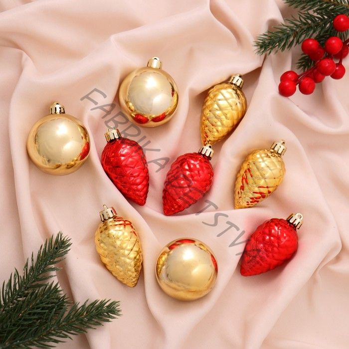 Ёлочные игрушки «Джоан», новогодние, набор 9 шт., красно-золотой