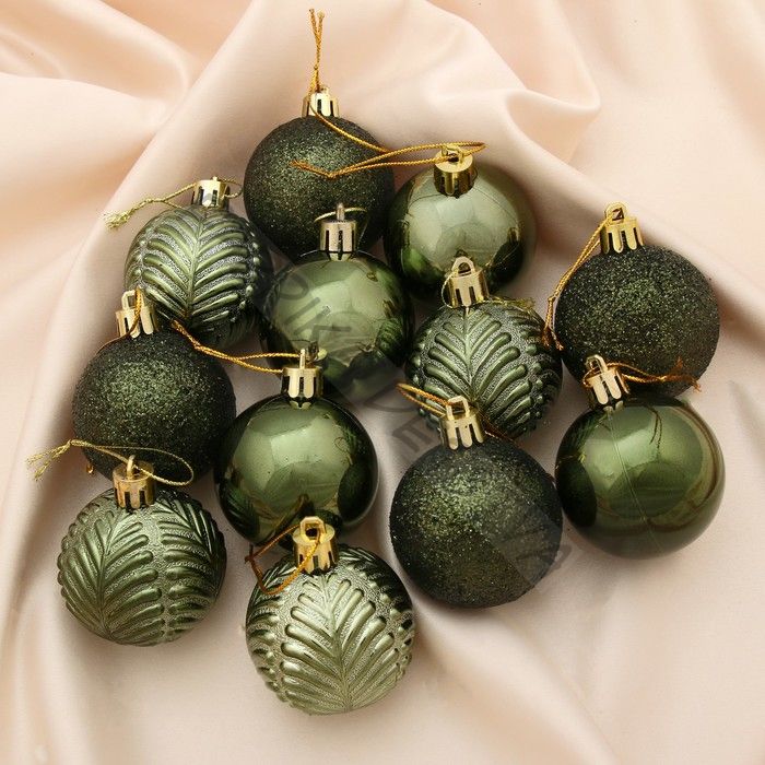 Ёлочные игрушки «Новогодние ветви», шары новогодние, набор 12 шт., d=5 см, зелёный
