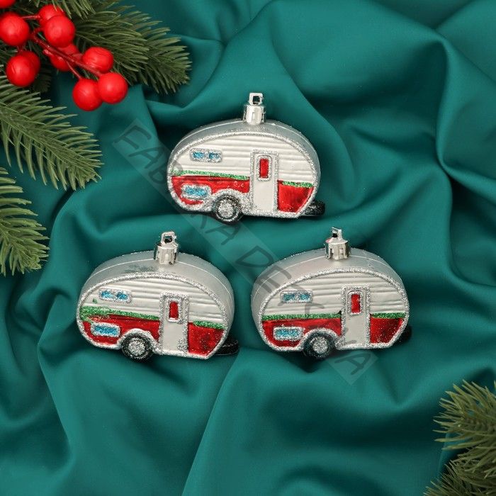 Ёлочные игрушки 3 шт., «Зимнее волшебство, Фургончики» пластик, 4x7 см, красный