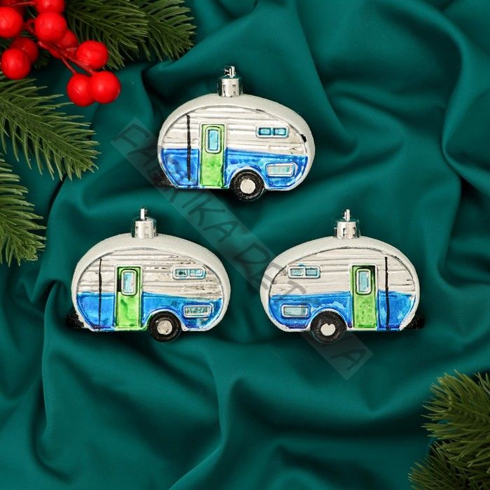 Ёлочные игрушки 3 шт., «Зимнее волшебство, Фургончики» пластик, 4x7 см, синий