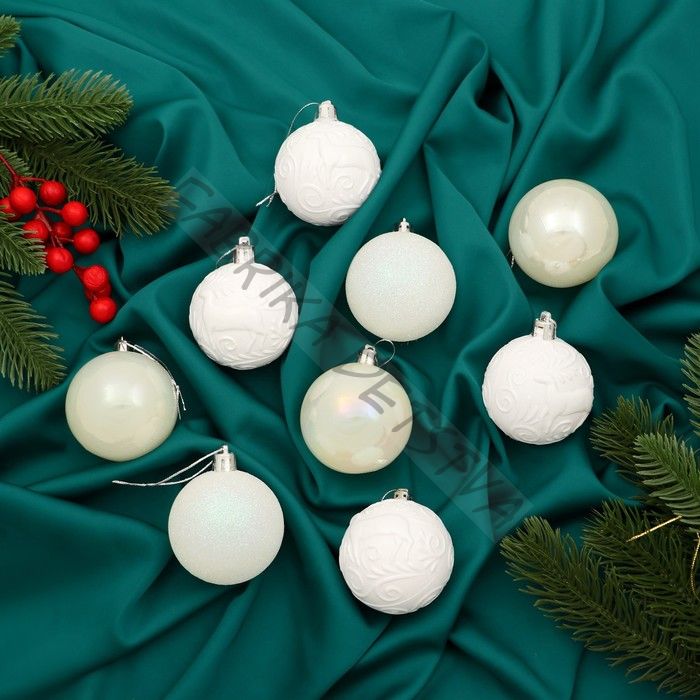 Ёлочные игрушки «Мелодия элит», шары новогодние, d=6 см, набор 9 шт., узор блеск, белый
