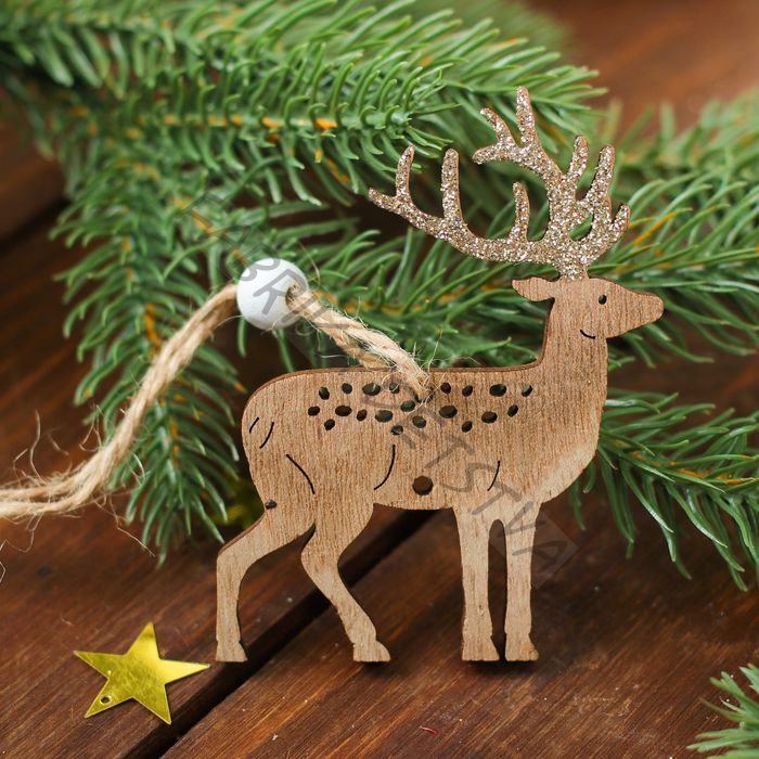 Елочная игрушка «Золотой олень», деревянная