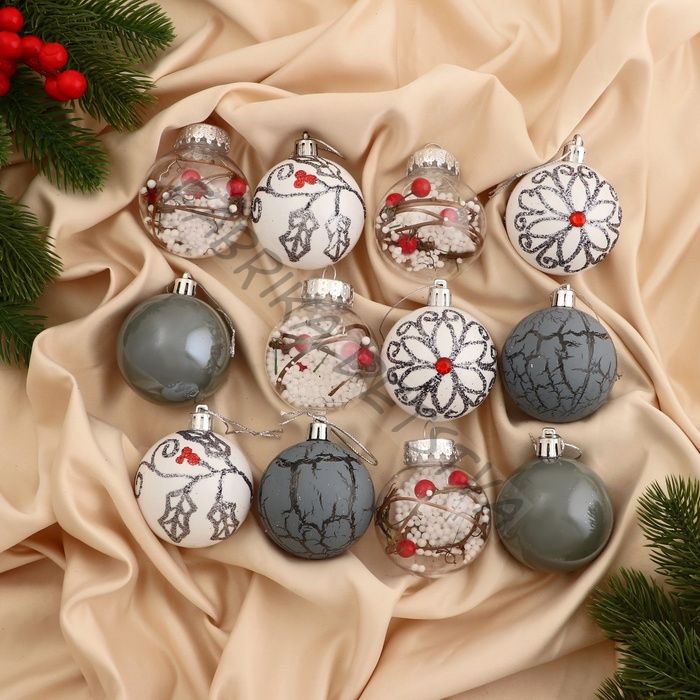 Ёлочные игрушки «Мелодия», шары новогодние, d=6 см, набор 12 шт., ассорти, белый серый