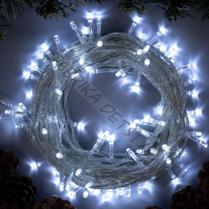 Гирлянда «Нить» 10 м, IP20, прозрачная нить, 100 LED, 8 режимов, 220 В, свечение белое